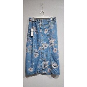 Yozy Y2K Cottagecore Button Down Boho Floral Denim Midi Skirt Size L